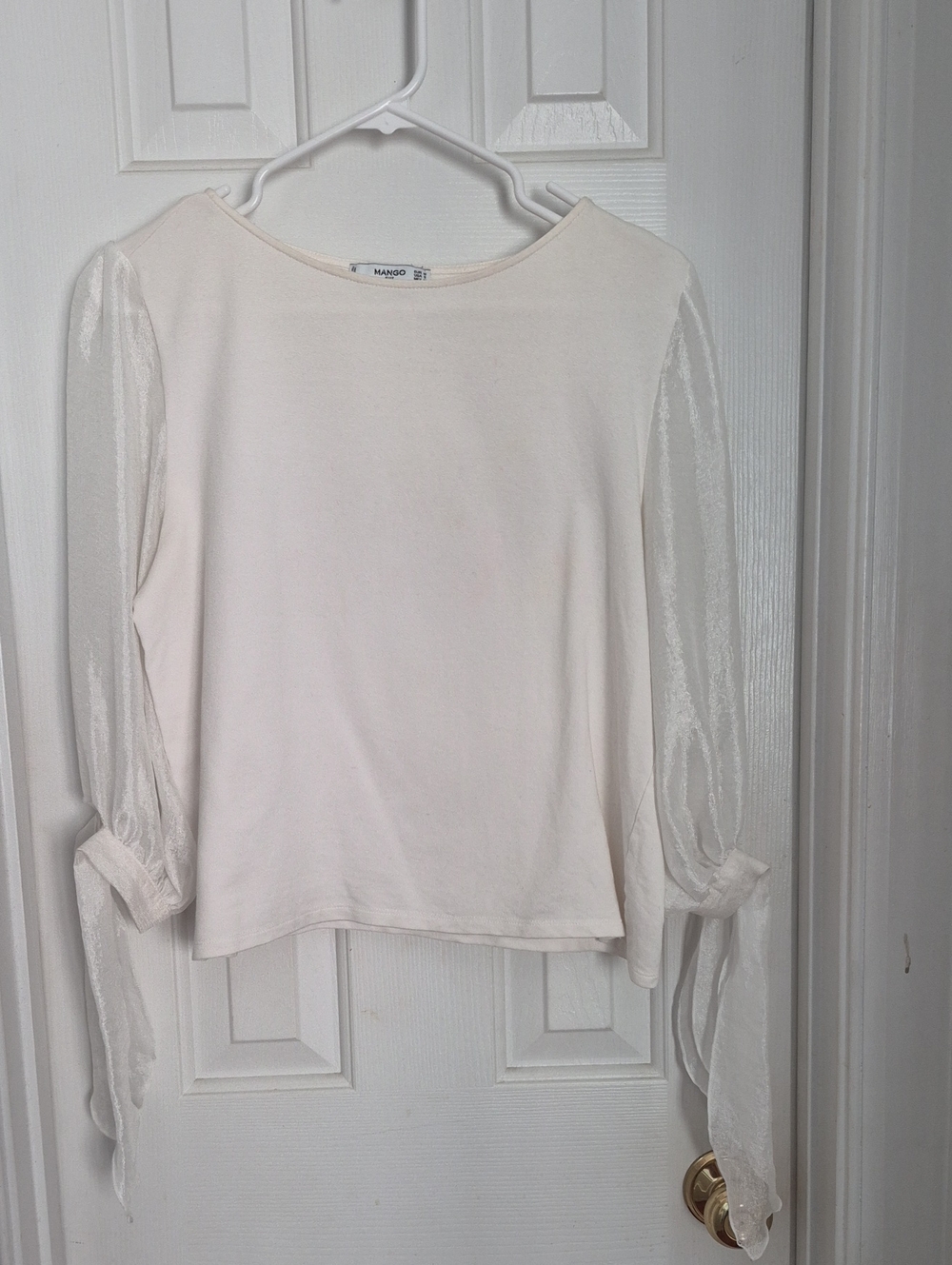 Mango Ivory Sheer-Sleeve Tie Cuff Blouse